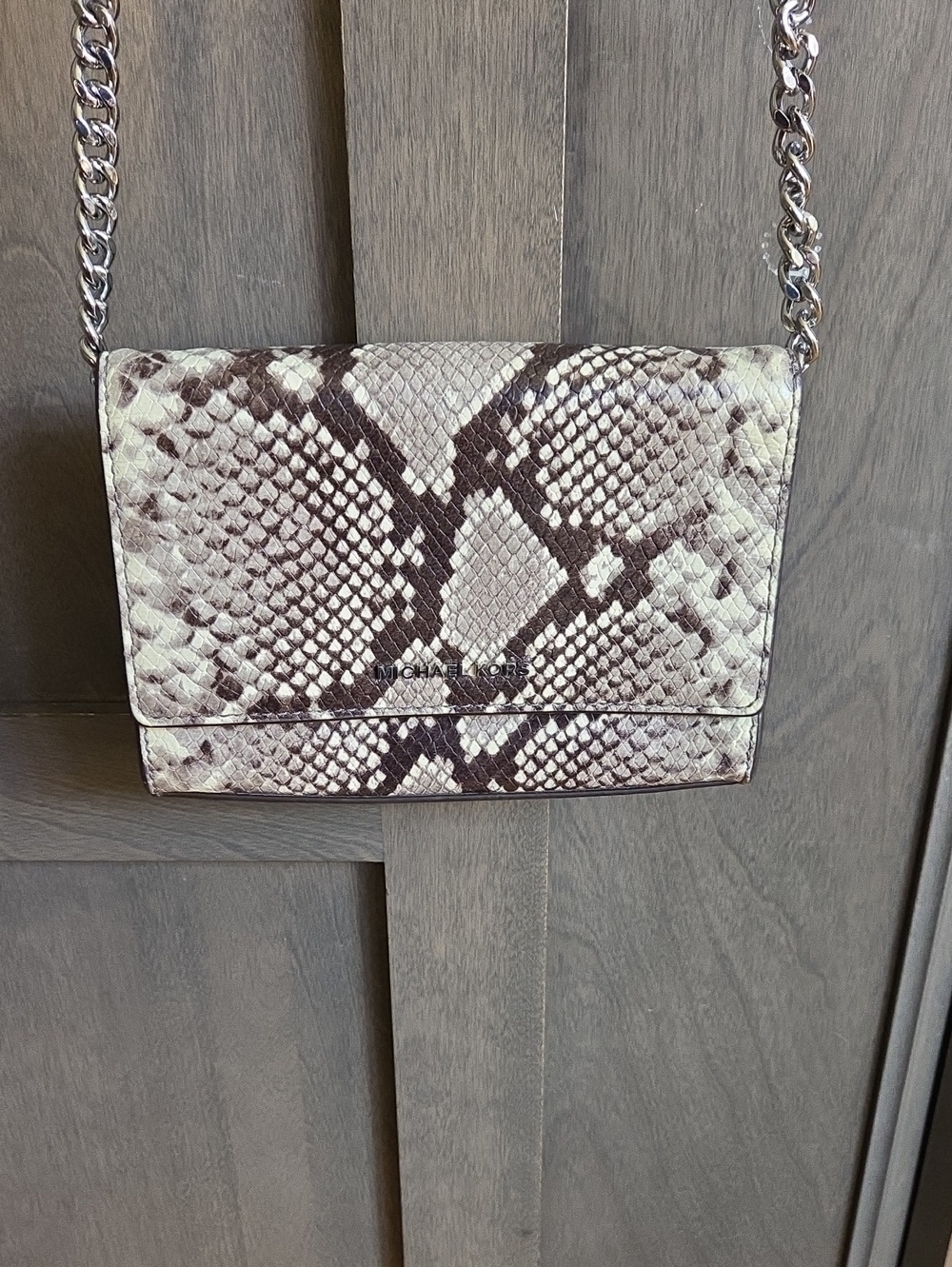 Michael Kors Snake-Print Crossbody in Beige and Brown with Silver Chain
